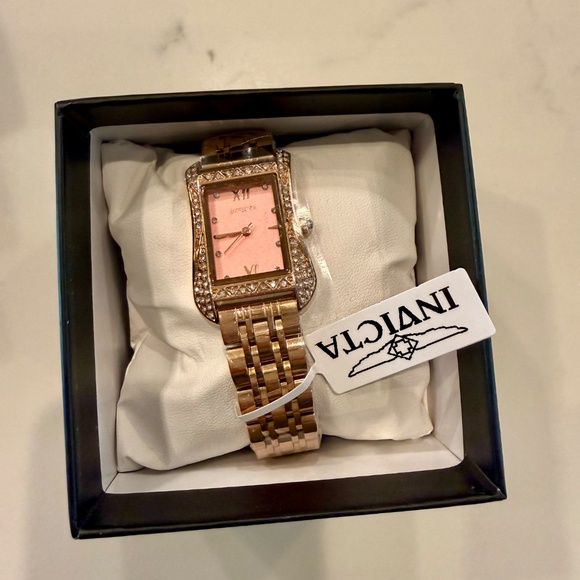 Rose Gold watch with pink watch face and diamond inspired stones around face - Picture 3 of 6